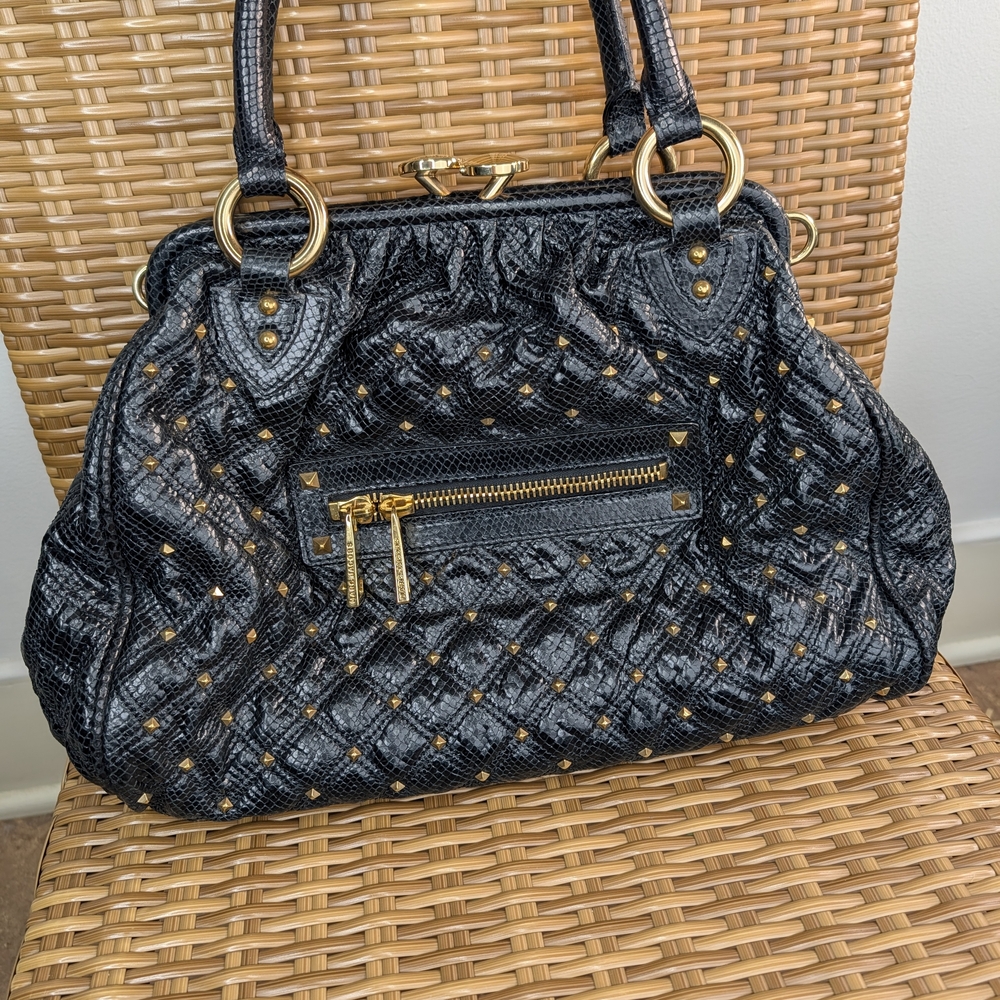 Marc Jacobs Stam Stardust Snake Print Black Leather Satchel Bag Gold Stud Detail - Picture 14 of 15